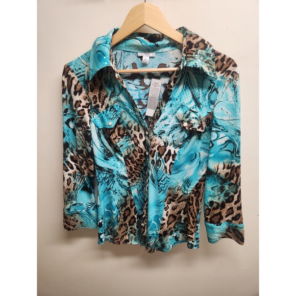 Cache womens Top Long Sleeve Button Front Teal Brown Animal Print Blouse - Picture 1 of 3
